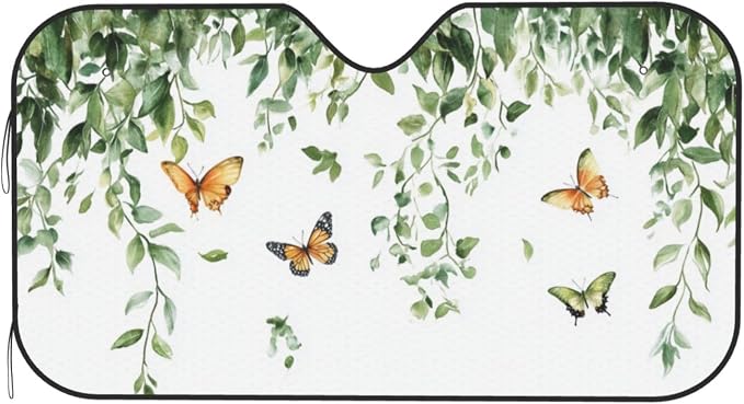 Windshield Sun Shade Botanical Leaf Butterfly Watercolor Car Front Window Sunshade Cover for Truck SUV Blocks UV Rays Automotive Visor Interior Protector 51 x 27.5 inch