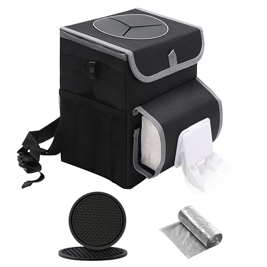 Car Trash Can with Lid,Bag Hanging Storage Pockets,Adjustable Tissue Holder & Straps,Portable Waterproof Garbage Bin, 1.98 Gal Large Capacity Multipurpose Bin
