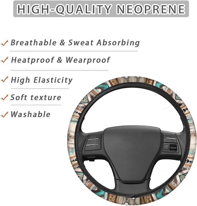 Southwest Aztec Beige Blue Car Steering Wheel Cover Universal 15 Inch Auto Accessories Car Interior Decoration for Women Men Fit SUV Sedans Vans Trucks