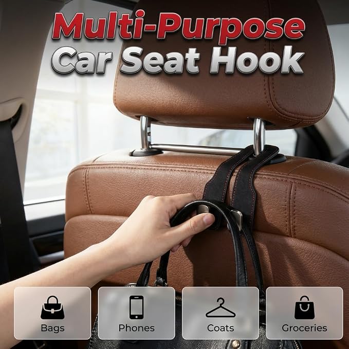 Car Seat Back Storage Hook, 2026 New Car Seat Headrest Hook for Purses and Bags, Leather Car Seat Back Storage Hooks, Car Seat Hangers Organization Accessories (Grey 2pcs)