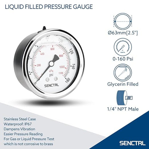 0-160 Psi Glycerin Liquid Filled Air Pressure Gauge, 2.5" Dial Size, 1/4" NPT Back Mount, Stainless Steel Case, for Water Pump, Tire, Large Air Compressor, Well, RV Regulator Pressure Test