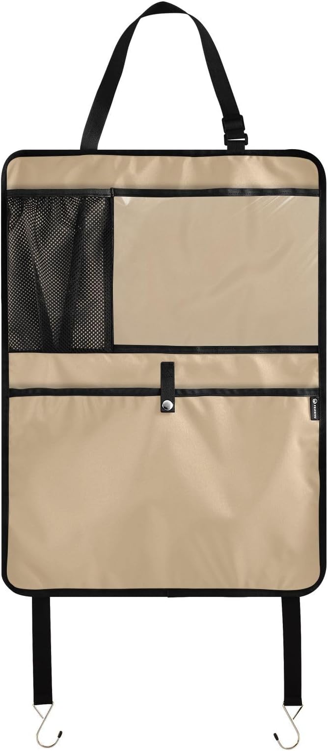 Tan Seat Back Organizer Car Backseat Protective Kick Mat with Mesh Pockets, Automobile Seat Cover Protector