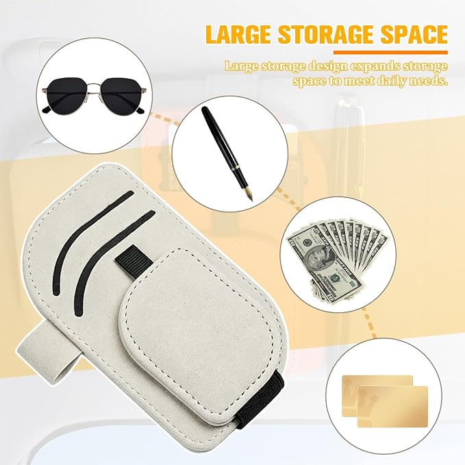 Car Sun Visor Organizer, Multi-Pocket Vehicle Sunglass Card Holder with Pen Slot, Automotive Interior Sunshade Glasses Storage Organizer, Universal Fit (White)
