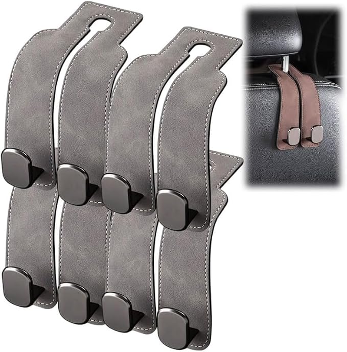 2026 New Car Seat Headrest Hooks for Purses and Bags - Support Car Headrest Hooks for Purses and Bags Coat, Leather Car Bag Purse Holder with Double Hooks (Gray-4PC)