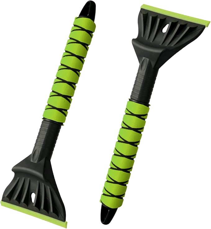 Professional Ice Scraper and Snow Brush for Cars, 2-in-1 Winter Snow Removal Tool with Ergonomic Foam Grip, ABS Ice Chopper for Windshield, Window, and Vehicle Snow Cleanup (Green 2PC)