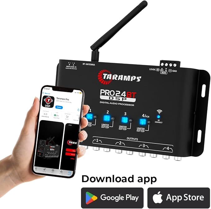 Pro 2.4 BT Bluetooth DSP Crossover Full, Digital Signal Processor, Car Audio Equalizer with App, Gain up to 9V, 15 Band Graphic Equalization, 12 preset EQ, 2 in and 4 Out, High Level Input