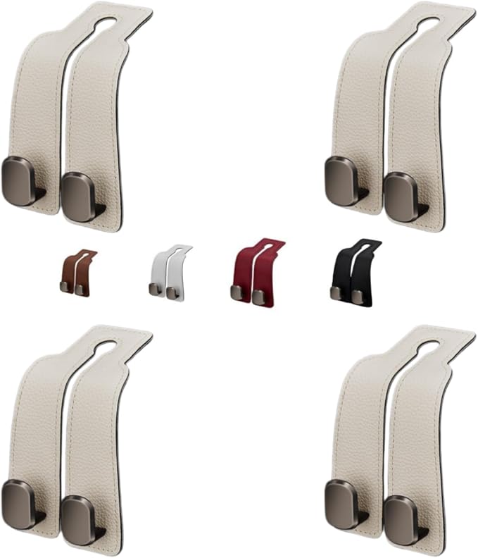 Coozyland Car Hooks, Coozy Land Metal Multi-Function Leather Car Headrest Hooks, Universal Double Hook Car Seat Back Storage Hooks for Wallets, Handbags, Bottles, Trash Bags, etc(White 4-Pack)