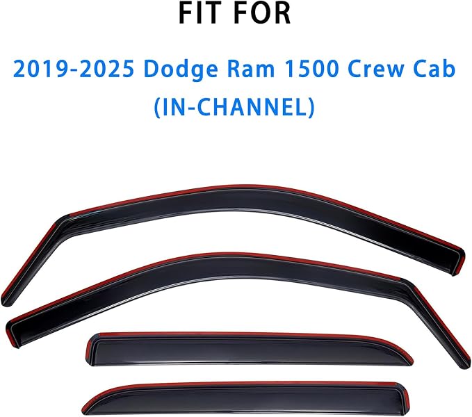 in Channel Rain Guards Window Visors for 2019-2025 Dodge Ram 1500 Crew Cab,Side Vent Window Deflectors Vent Visors Shade for Dodge Ram 1500 Crew Cab 19-25,Truck Accessories-4pcs
