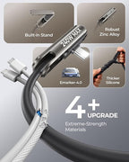 【2026 Upgraded】3-in-1 240W Invisible Stand Fast Charging Cable, Chubby USB A/C to USB C Cable, 90 Degree Type C Charger Cord (4FT) with Built-in Phone Stand, for iPhone 17/16 Pro Max Galaxy S26 Ultra
