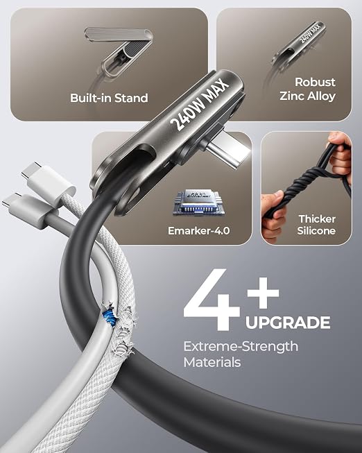 【2026 Upgraded】3-in-1 240W Invisible Stand Fast Charging Cable, Chubby USB A/C to USB C Cable, 90 Degree Type C Charger Cord (4FT) with Built-in Phone Stand, for iPhone 17/16 Pro Max Galaxy S26 Ultra