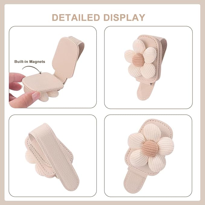 Flower Sunglass Holder for Car Visor – Decorative Sun Visor Clip,Eyeglass Hanger Organizer for Women,Scratch‑Free Glasses Storage Different Size Eyeglasses (Beige Flowers)