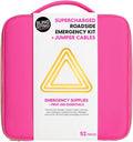 Supercharged Car Emergency Kit – 52-Piece Pink Roadside Safety Tools with Jumper Cables, Flashlight, Escape Tool & First Aid Essentials – Compact Travel Case for Women, New Drivers & Students