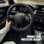 Car Steering Wheel Cover, Durable Leather Cover with Anti-Slip Lining, Breathable Auto Wheel Cover Protector, Universal 15 Inch Anti-Slip Steering Wheels for Men & Women (Black Blue)