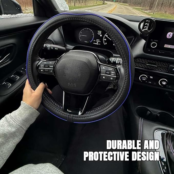 Car Steering Wheel Cover, Durable Leather Cover with Anti-Slip Lining, Breathable Auto Wheel Cover Protector, Universal 15 Inch Anti-Slip Steering Wheels for Men & Women (Black Blue)