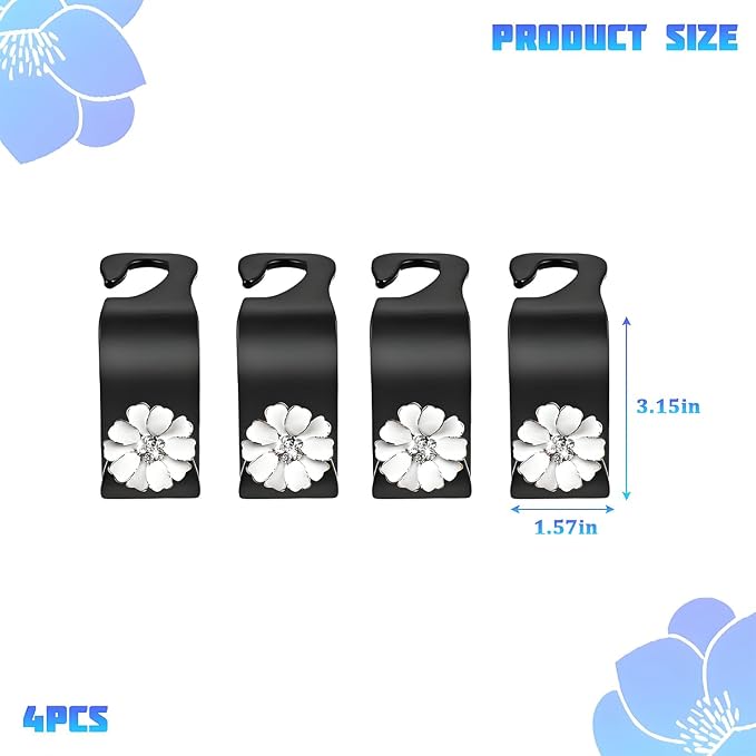 4PCS Bling Car Seat Headrest Hooks, Crystal Rhinestone Flower Vehicle Back Seat Hanger Holder Hook, Automotive Interior Hanging Storage Accessories for Purse Coats Bag, Universal Fit (White)
