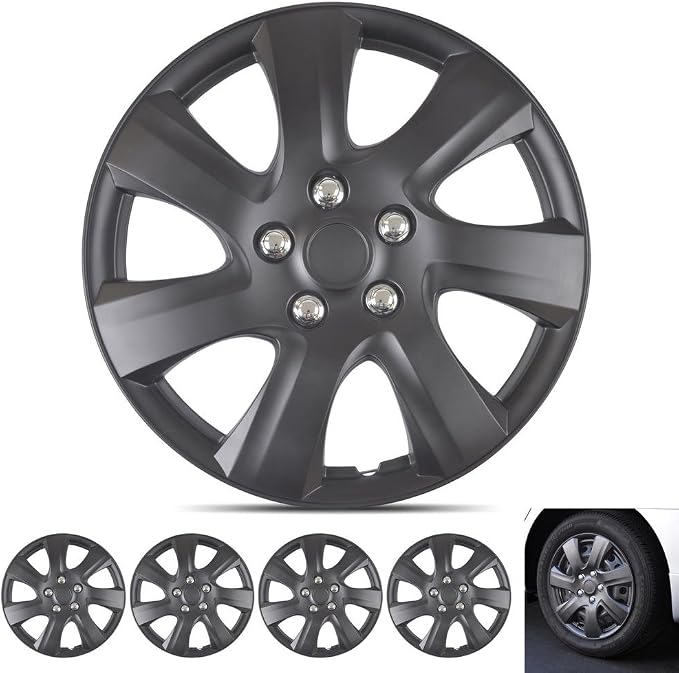 Matte Black Hubcaps Wheel Covers for (2006-2014) Toyota Camry 16 Inch Hubcaps Set of 4, Snap-on Direct OEM Replacement for Toyota Camry Hubcaps 16 Inch Wheel Covers Impact-Resistant Durable