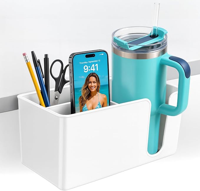 3-in-1 Desk Organizer - Large Desk Cup Holder Clamp, Pencil Holder and Phone Stand - Detachable Anti-Spill Table Cup Holder, Office & PC Gaming Desk Accessories for Cup, Phone and Pen (White)