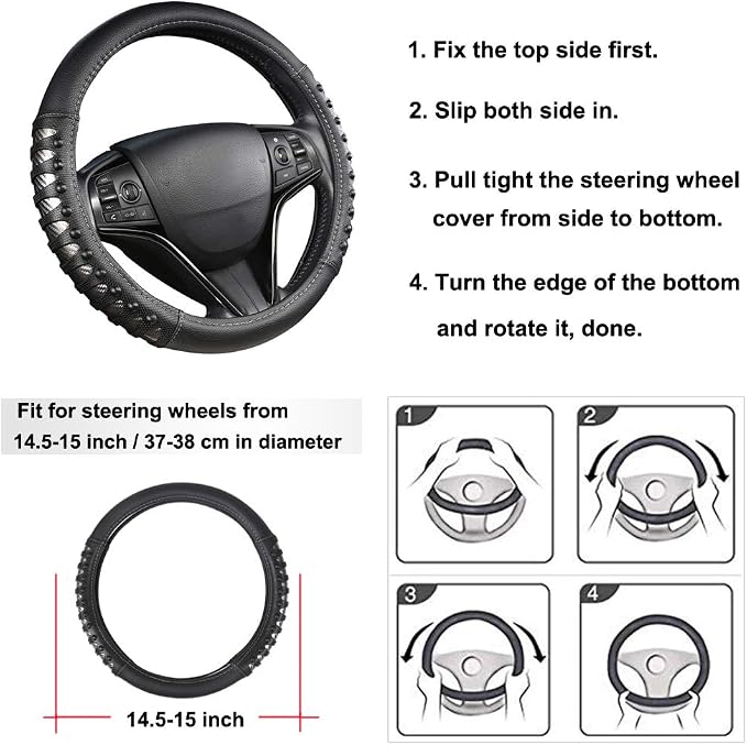 Microfiber Leather Car Steering Wheel Cover for Men Women,Universal Fit 14.5-15 inch(Leather Nails-Gray+Black-Standard Size)