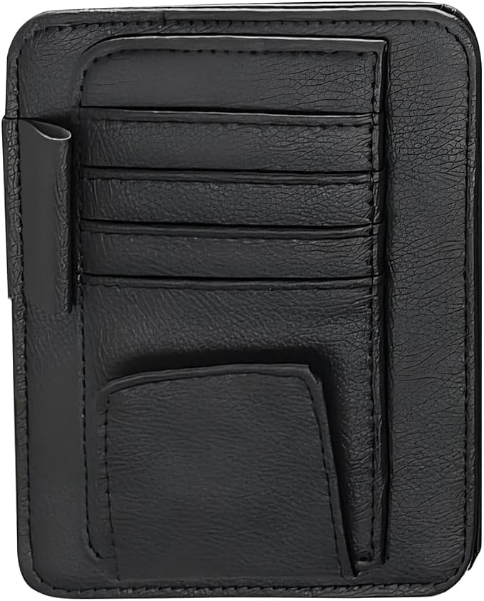 Car Sun Visor Organizer, Multi-Pocket Leather Auto Visor Storage Bag with Clip-on Design, Car Interior Organizer for Cards, License, Sunglasses and Pens, Universal for Most Cars (Black)