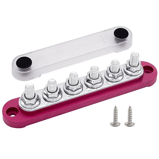 6 x M8 (5/16") Studs Power Distribution Block Bus Bar 12V, 5.9" HD 200A Marine BusBar Battery Distribution Block W/Cover for Car Boat Solar (Red)