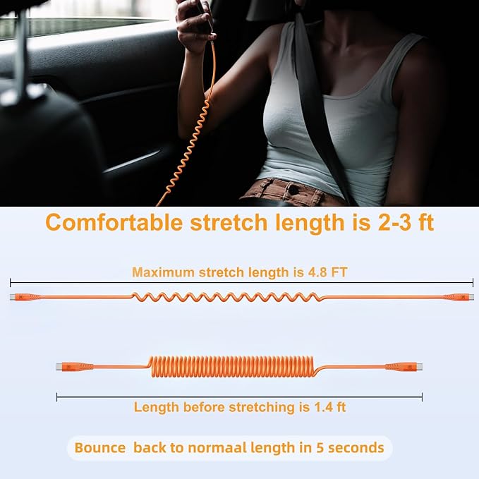 USB C to C Cable 3FT, 2Pack Coiled USB C Fast Charging Cable for CarPlay, iPhone USB-C Cable/Android Auto USB C Cord, USB Type-C Cable for iPhone 17/16/15/Pro Max/Plus/Galaxy S26 S25 and More-Orange