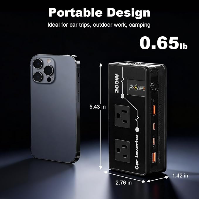 200W Car Power Inverter, Amcelooy Dual DC 12V to 110V AC Car Outlet Adapter to Wall Plug, Fast Charging 24W USB-C & USB Ports,Car Charger Cigarette Lighter Adapter for Phone,Laptop on Road Trip(Black)