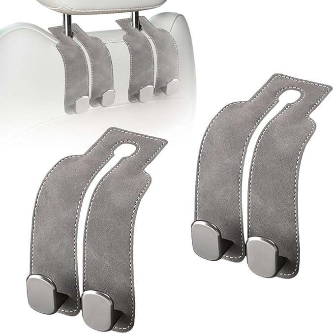 Headrest Hooks for Car, Twinhook Car Seat Hooks for Headrest, Leather Car Purse Holder Hooks for Purses and Bags, Universal Car Headrest Hangers Seat Back Organizer for Travel (Grey, 2Pcs)