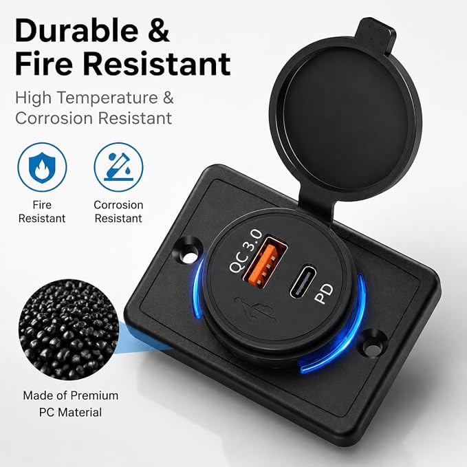 48W Dual USB Car Charger, QC3.0 & PD Fast Charging with LED Light Ring for Cars, RVs, Buses, Trucks – 12V-24V Vehicle USB Adapter
