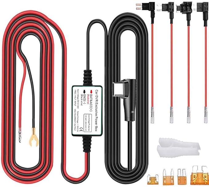 Dash Cam Hardwire Kit, Type C USB Hard Wire Kit 12V-24V to 5V Hardwire Kit with Low Voltage Protection 13ft/320cm Car Dash Camera Charger Power Cord for Dashcam Supply Radar Detectors