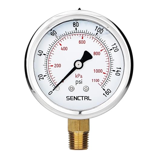 0-160 Psi Glycerin Liquid Filled Air Pressure Gauge, 2.5" Dial Size, 1/4" NPT Lower Mount, Stainless Steel Case, Water Pump, Tire, Large Air Compressor, Well Pump, RV Regulator Pressure Test