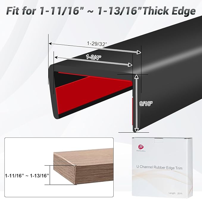 Rubber Edge Trim, 1-3/4 inch (45mm) Wide U Channel Edge Trim, Big Size U Shaped Trim, Self Adhesive Edge Banding for Plywood, Woods,Interior Doors, Countertop, Length 20Ft, Black