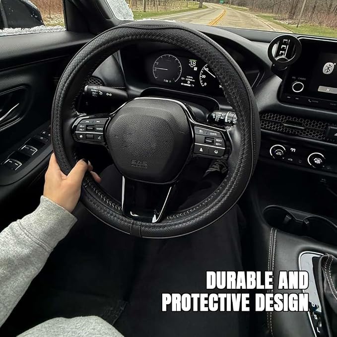Car Steering Wheel Cover, Durable Leather Cover with Anti-Slip Lining, Breathable Auto Wheel Cover Protector, Universal 15 Inch Anti-Slip Steering Wheels for Men & Women (Black)