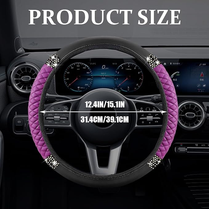 Bling Soft Leather Steering Wheel Cover, Steering Wheel Protector, 15 Inch Rhinestones Car Elastic Protector with Crystal Diamond for Women Girls, Car Accessory for Vehicles (Purple)