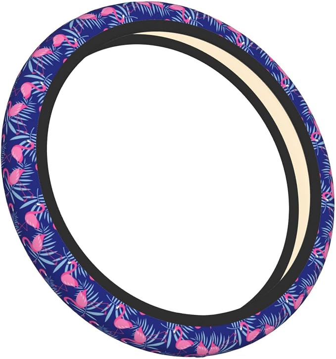 Flamingo Car Steering Wheel Cover Anti-Slip and Practical 14.5-15 Inch Universal Purple car Accessories with 2 Pieces Car Coasters Suitable for Men Women
