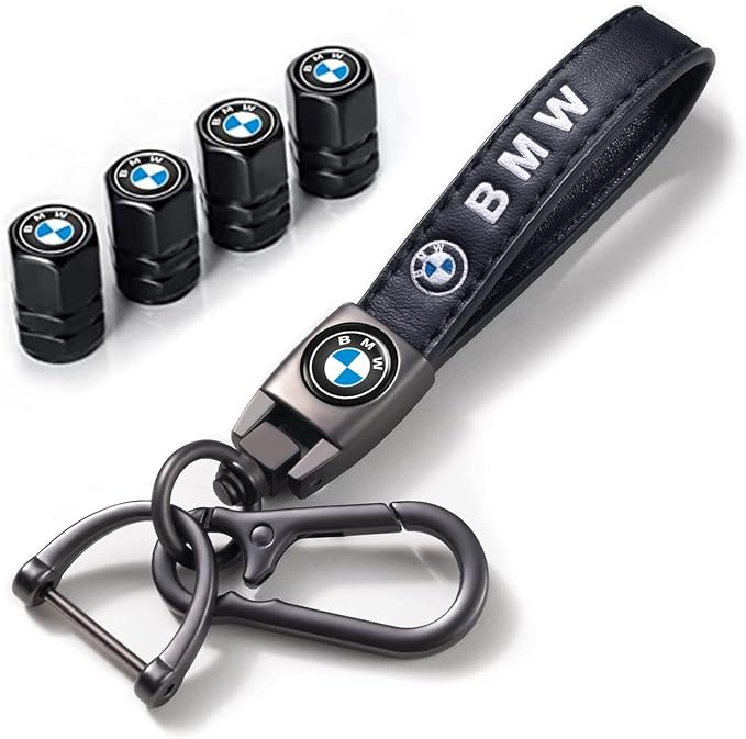 Car Keychain and Car Tire Valve Stem Caps Combo Compatible with BMW 1 3 5 6 Series X1 X3 X7 X5 X6 Z4 7 M Keyring for Men and Women Family Present Car Accessories