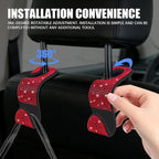 4PCS Bling Car Seat Headrest Hooks, Purse Holder for Car, Vehicle Back Seat Purse Handbag Hanging Holder with Crystal Rhinestone, Diamond Car Rear Seat Organizer for Vehicles (Red)