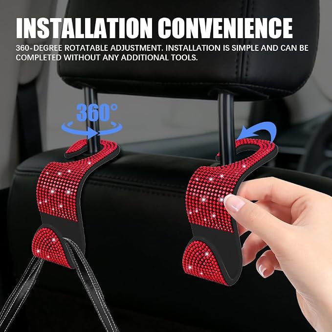4PCS Bling Car Seat Headrest Hooks, Purse Holder for Car, Vehicle Back Seat Purse Handbag Hanging Holder with Crystal Rhinestone, Diamond Car Rear Seat Organizer for Vehicles (Red)