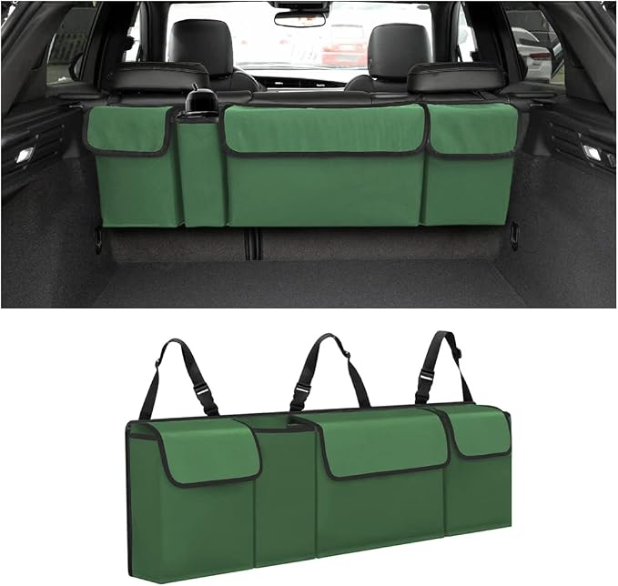 Car Trunk Organizer, Backseat Hanging Large Storage with Adjustable Straps, Waterproof Collapsible Cargo Bag with 4 Pockets, Sturdy Space Saver Frees Trunk Floor for SUV, Truck, MPV