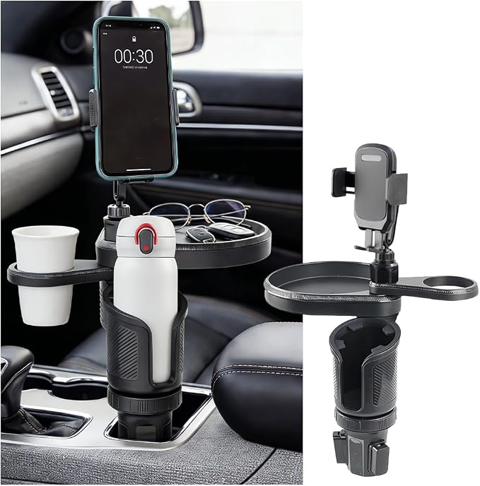Car Cup Holder Tray, 3 in 1 Multifunctional Vehicle Food Water Bottle Phone Holder Expander Adapter with Adjustable Base, Detachable Auto Interior Food Tray Table, Universal Fit (Black)