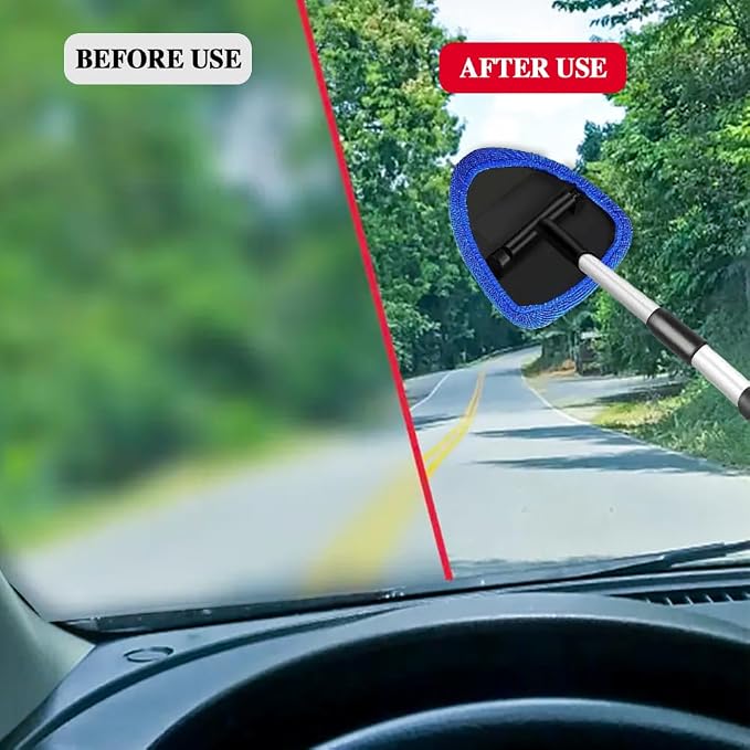 Windshield Cleaning Tool, Car Window Cleaner with Extendable Long Handle and 4 Washable Reusable Microfiber Pads, Auto Interior Exterior Auto Glass Wiper for Windshield, Universal for Most Cars (Blue)