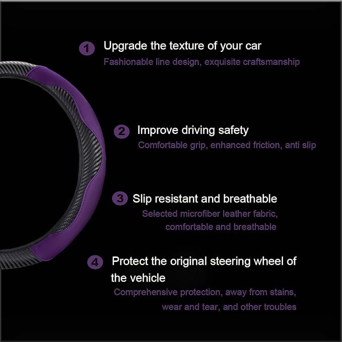 Ultra Fine Carbon Fiber Leather Steering Wheel Cover, Anti Slip and Sun Protective Protect the Steering Wheel, Easy to Install,Universal of 14.5"-15" (Purple)