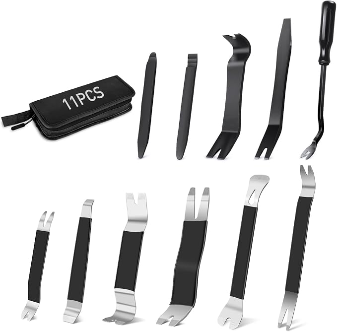 11PCS Trim Removal Tool Kit, Metal & Nylon Pry Tools Set for Car Door Panel, Dashboard, Audio, Clips, Fastener Remover w/ Storage Box – Black
