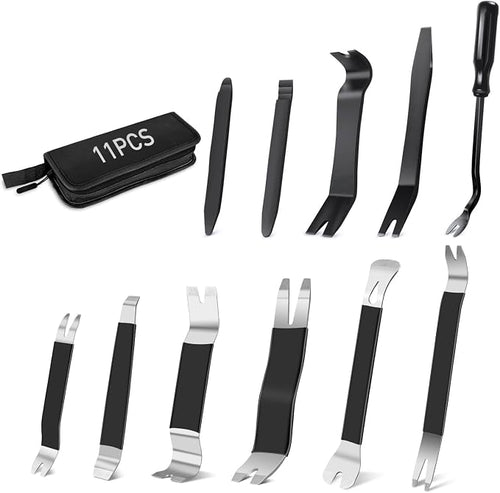 11PCS Trim Removal Tool Kit, Metal & Nylon Pry Tools Set for Car Door Panel, Dashboard, Audio, Clips, Fastener Remover w/ Storage Box – Black