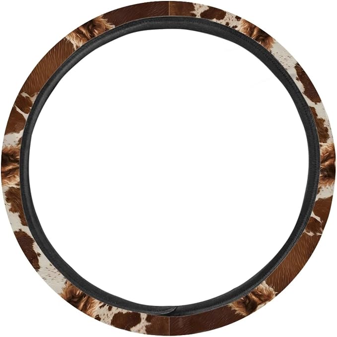 Retro Brown Sunflower Cow Pattern Wear-Resistant Steering Wheel Cover Fit for 15 inches Car Wheel Protector Automotive Accessories Universal Fit Car Van SUV Truck