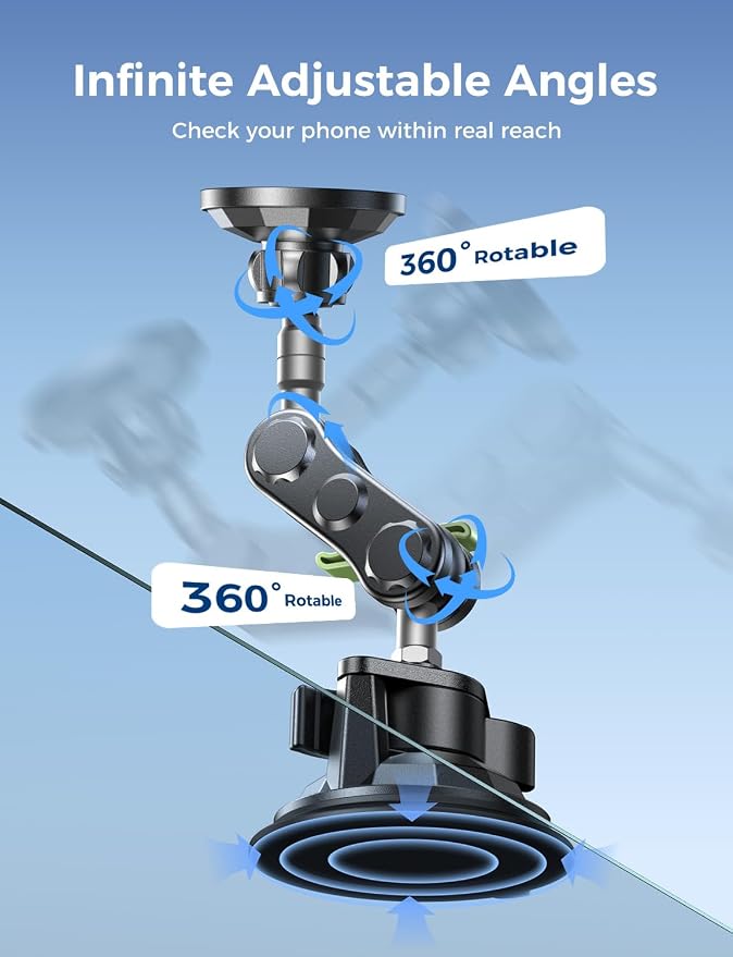 Magnetic Car Phone Holder [Strong Suction&Strong Magnetic] 360° Adjustable Car Phone Mount for Windshield, Ultra-Durable Metal, Suction Cup Car Phone Mount for iPhone Samsung All Smartphone