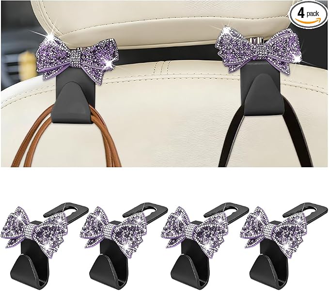 Zpana Bling Car Headreat Hook, 2PCS Crystal Rhinestone Cute Bow Vehicle Seat Back Hanger Storage for Purses Bags Grocery, Diamond Auto Rear Seat Organizer, Universal for SUV Truck Sedan (Purple)