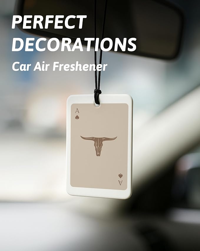 Boho Beige Western Car Air Freshener 4 Pcs, Preppy Cowgirl Cow Skull Cactus Ace Card Hanging Air Freshener for Cars Closet Drawer Books, Cute Western Car Accessories Mirror Decor for Women