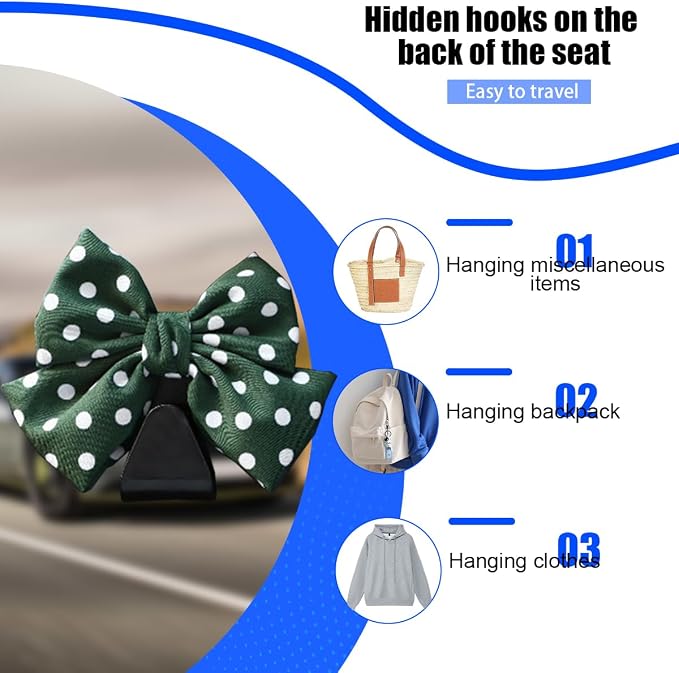 2PCS Car Seat Headrest Hook, Cute Bow Backseat Hanger Holder for Purse Bag Handbag Coat, Auto Interior Seat Back Grocery Storage Organizer Hook, Universal for Vehicles (Green Polka Dots)