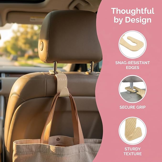 4PCS Car Seat Headrest Hooks, Auto Back Seat Hanger Holder, Durable Stylish Vehicle Organizer Universal Car Interior Accessories, Storage Hooks for Purses, Bags, Clothes (Carbon Fiber/Beige)