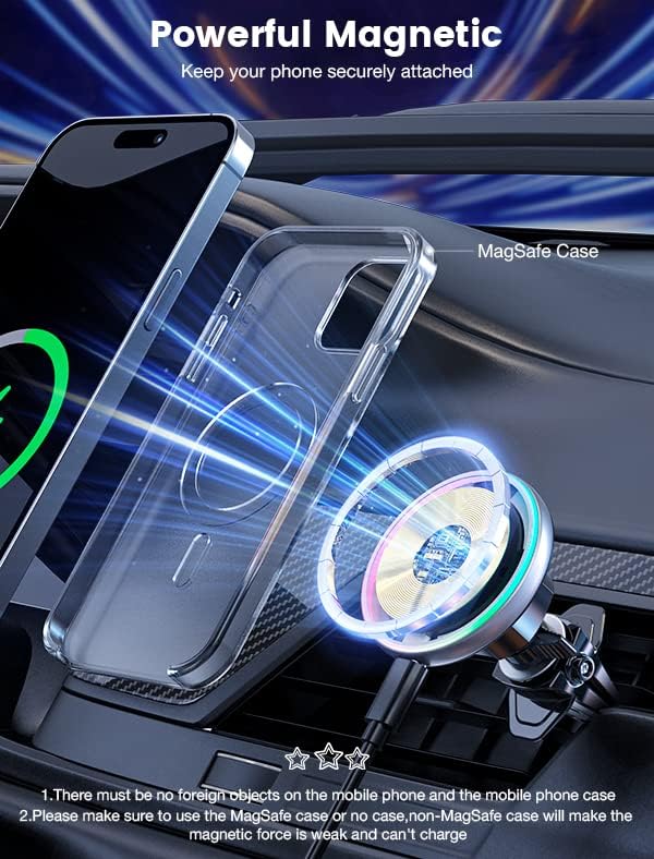 for Magsafe Car Mount Charger-Wireless Car Charger-Magnetic Car Phone Holder for Dash Air Vent-LED RGB HandsFree Car Mount Fast Car Charger for iPhone 16 15/14/13/12 Series with QC 3.0 Adapter